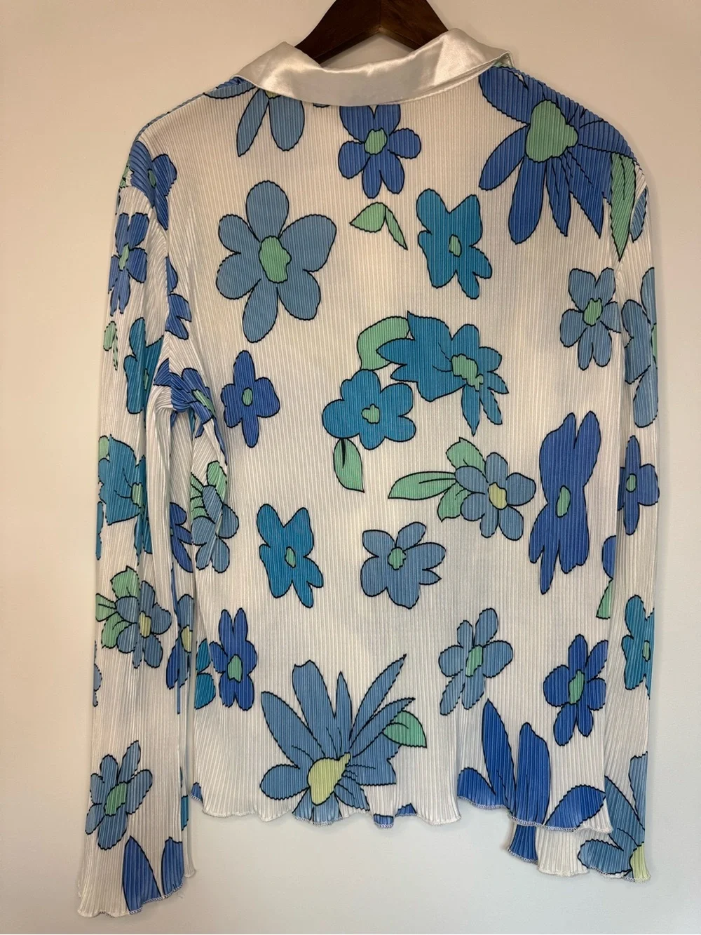 Retro Blue Floral Pleated Blouse Skirt Matching Set Festival Boho Hippie Groovy